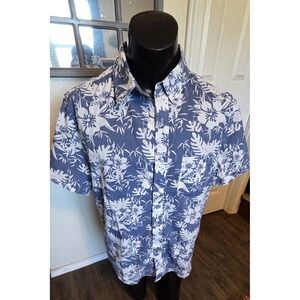 Island Haze Mens Large Blue White Tropical Floral Short Sleeve Button Up Shirt